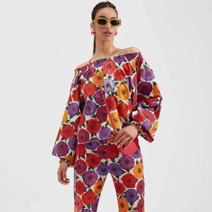LA DoubleJ Zinnie Multicolor Floral Ruffle Neck Boho Top $520, Size S